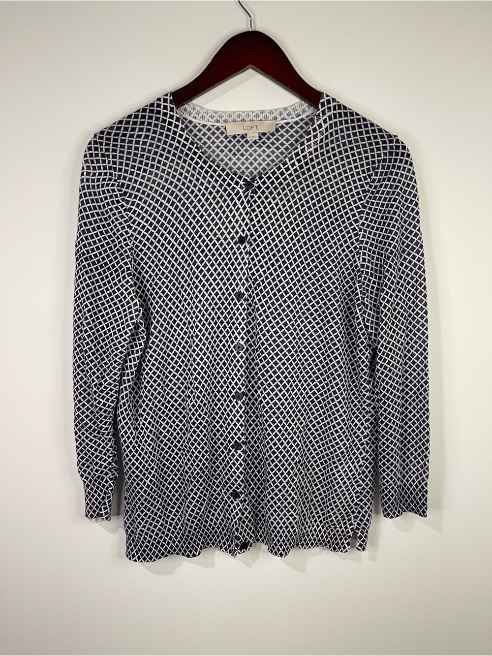 LOFT Black & White Geometric Button-Front Cardigan lite weight